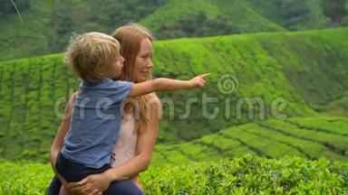 一名年轻女子和她的儿子参观高地茶园的慢镜头。 新鲜，茶的概念